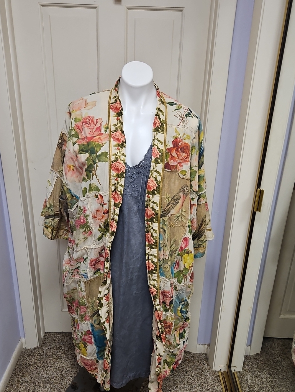 Magnolia Pearl Floral Patchwork Cotton Kimono Vintage Roses And Birds - Picture 3 of 12